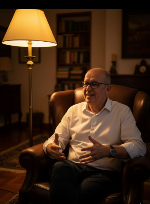 Retrato de Ariano Veríssimo em poltrona de couro, ambiente clássico